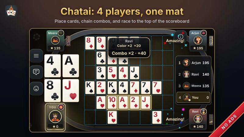 A Chatai match of four players on one mat, with combos and the live scoreboard